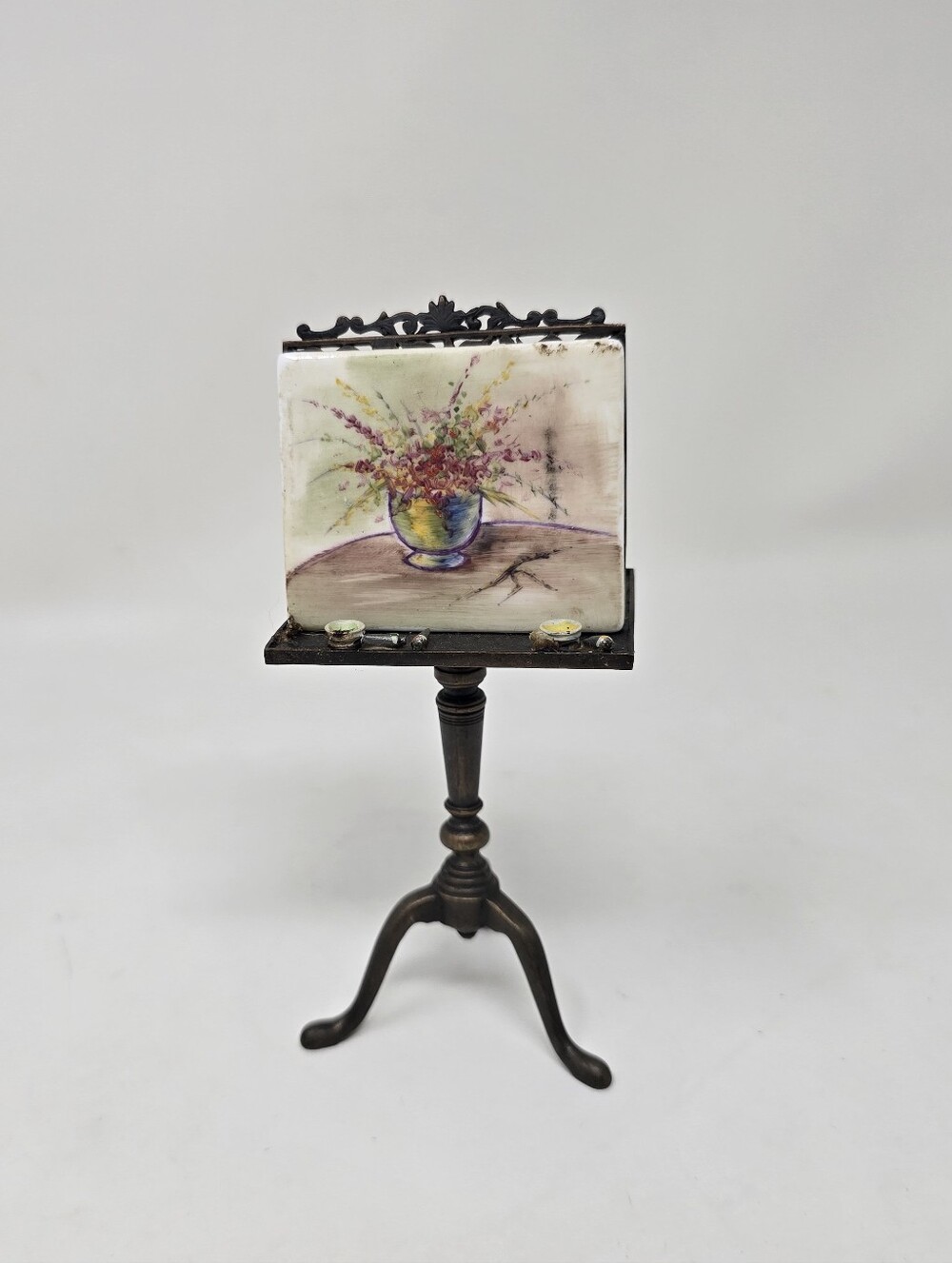 Vtg Dollhouse Curio Miniature Art Studio Easel Stand Painting Tools Metals 6"x3"
